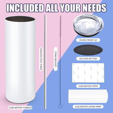 Collection of items included with a sublimation tumbler on a pink and blue background