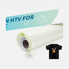 Roll of heat transfer vinyl with a sample t-shirt on a white background