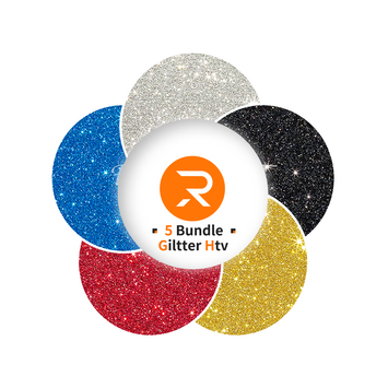 Five glittery circles in blue, silver, black, red, and gold with a white center displaying an orange logo and text.