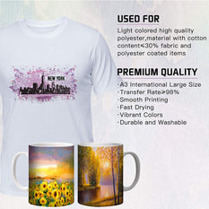 White t-shirt with New York skyline design and two mugs with scenic prints on a light gray background.