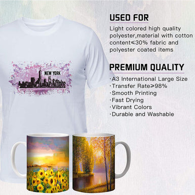 White t-shirt with New York skyline design and two mugs with scenic prints on a light gray background.