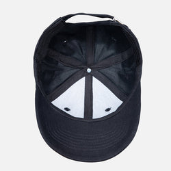 Black cap with a white triangle design on a light gray background