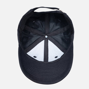 Black cap with a white triangle design on a light gray background