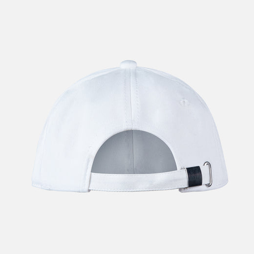 White baseball cap with a black strap on a light gray background
