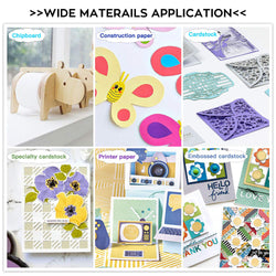 Collage of various paper products and craft items with text labels on a white background.