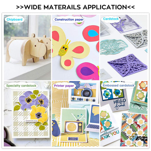 Collage of various paper products and craft items with text labels on a white background.