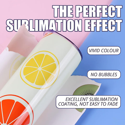 Tumbler with fruit designs on a gradient background with text highlighting sublimation effects.