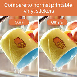 Comparison of printed vinyl stickers on a yellow cup with text 'Compare to normal printable vinyl stickers'.