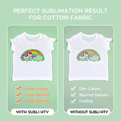 Comparison of t-shirt with unicorn and rainbow design on cotton fabric with and without Subli HTV.