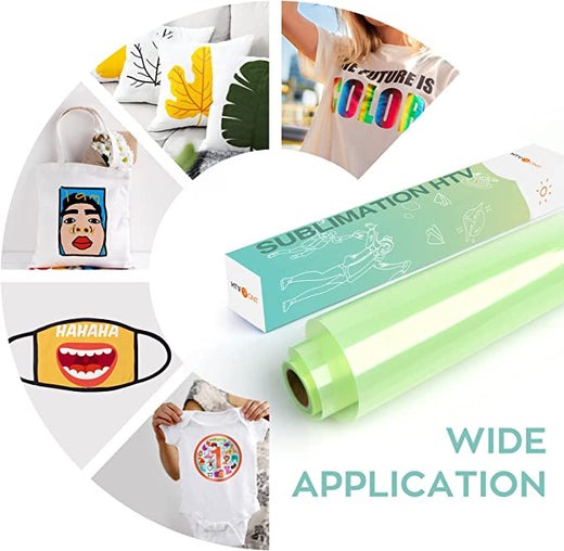 Roll of sublimation HTV with examples of printed products on a white background