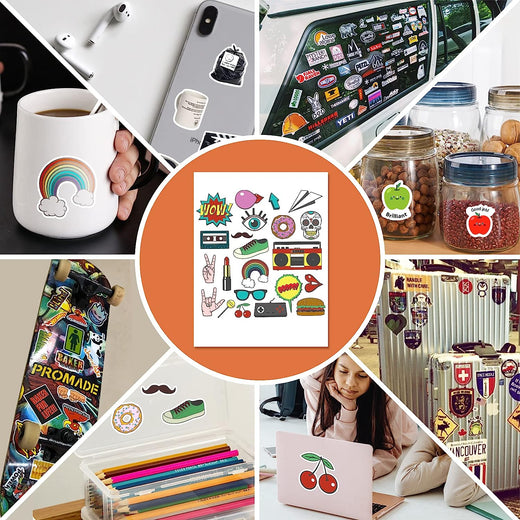 Collage of various stickers applied to different surfaces and objects.