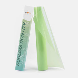 Green and white roll of sublimation HTV on a white background
