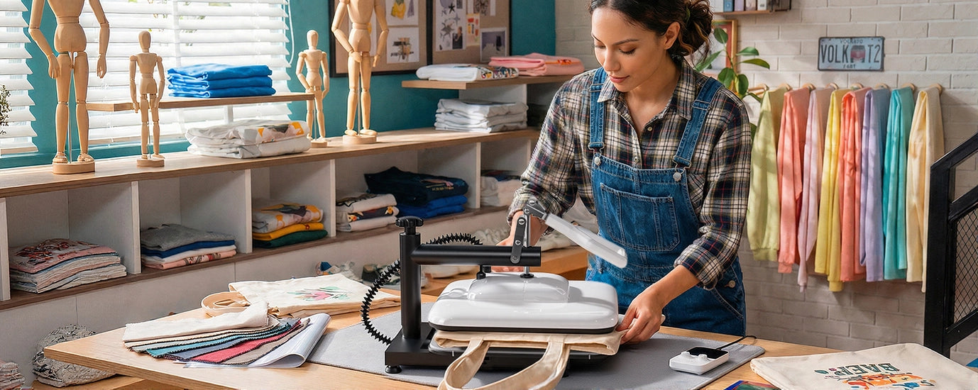 Woman using a heat press machine in a workshop setting with various materials and tools around.