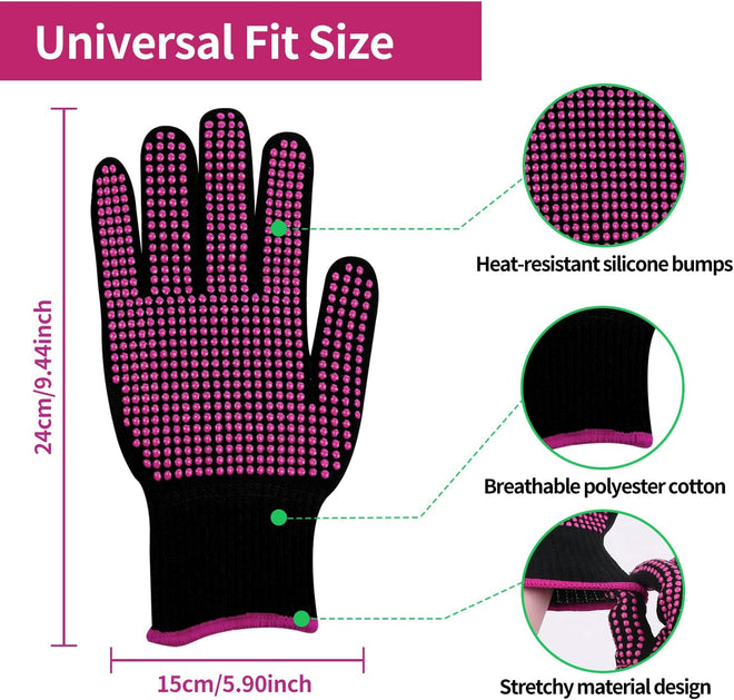 Glove with heat-resistant silicone bumps, breathable polyester cotton, and stretchy material design on a white background.