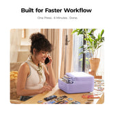 Woman on phone with a purple heat press on a desk, text 'Built for Faster Workflow'.
