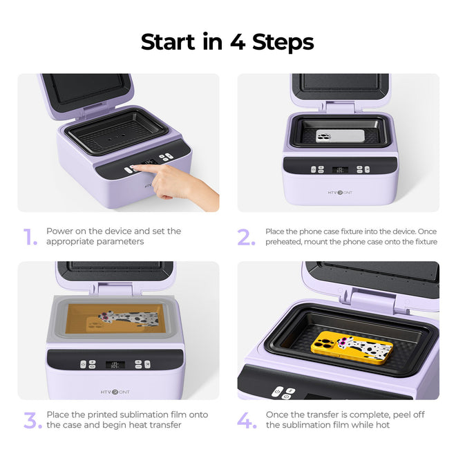 Step-by-step guide on using a phone case heat press with text instructions.