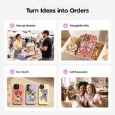 Promotional graphic with images of people at a pop-up market, thoughtful gifts, fun merch, and self-expression items.