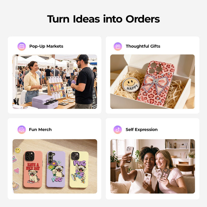 Promotional graphic with images of people at a pop-up market, thoughtful gifts, fun merch, and self-expression items.