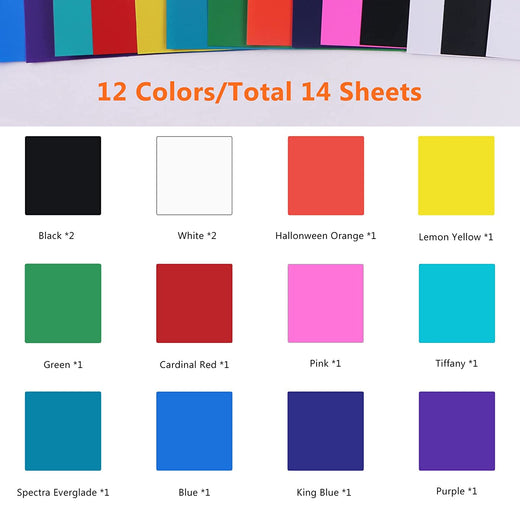 Color swatches with labels and a text indicating 12 colors and 14 sheets.