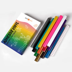 Packaging of adhesive vinyl rolls with colorful packaging on a white background