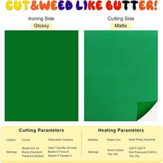 Green cutting mat with glossy and matte sides, labeled 'Cut & Weed Like Butter!' with text on parameters and settings.