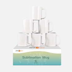 Packaging of 6 sublimation mugs with a gradient design on a white background