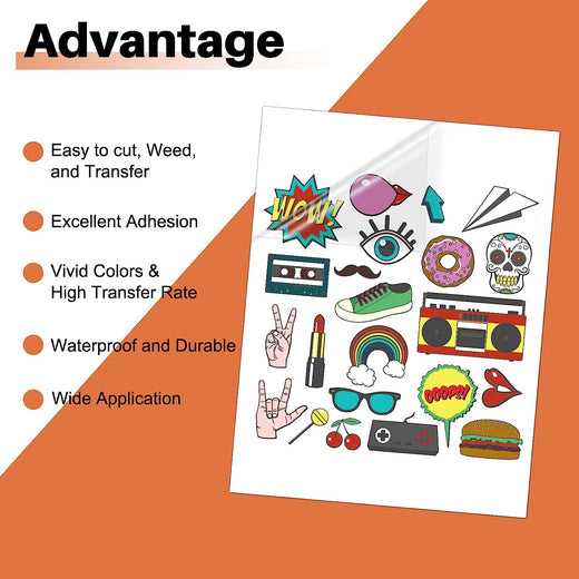Sheet of colorful stickers with text listing advantages on an orange background