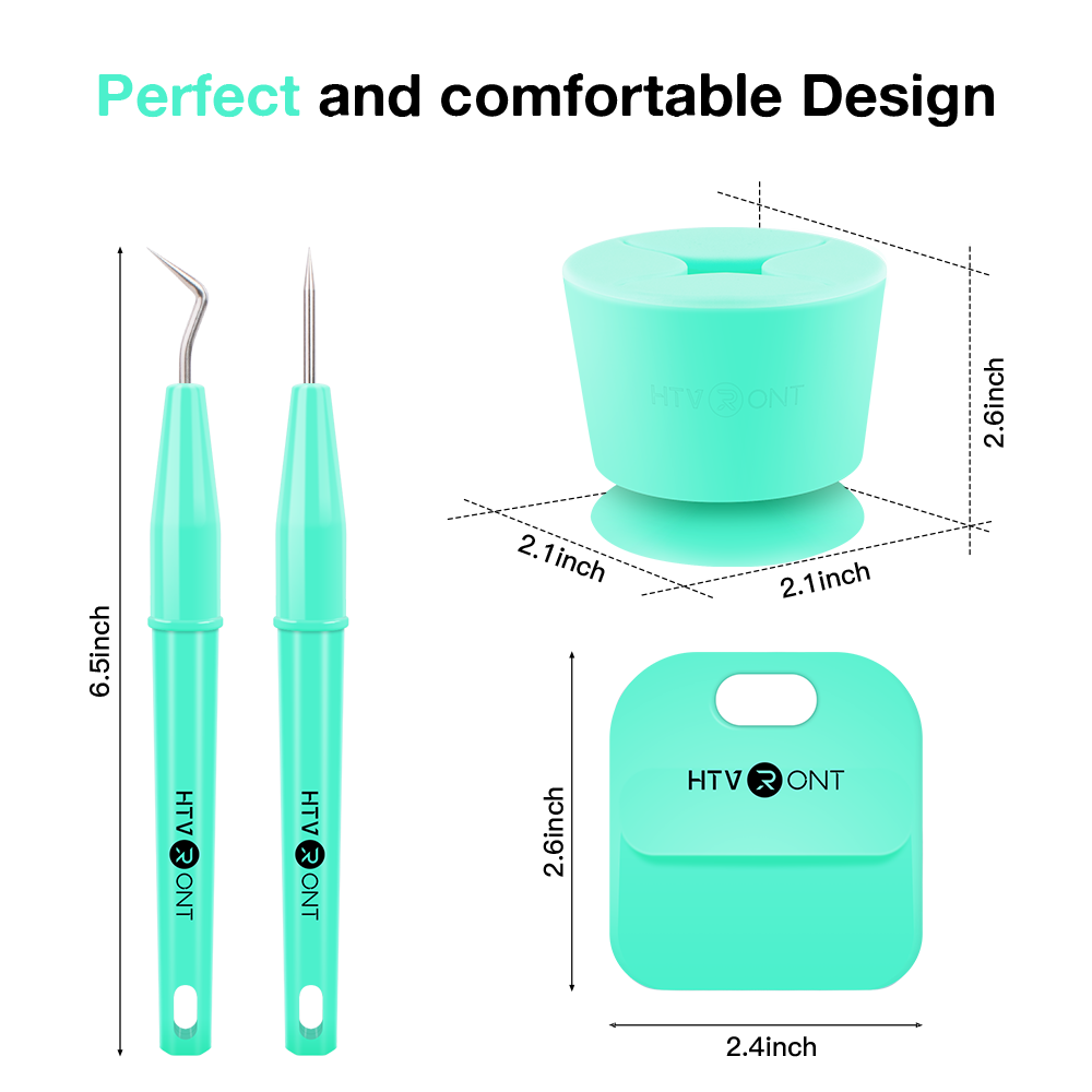 Turquoise tools and accessories with dimensions labeled on a white background