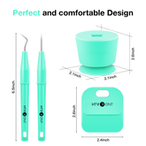 Turquoise tools and accessories with dimensions labeled on a white background
