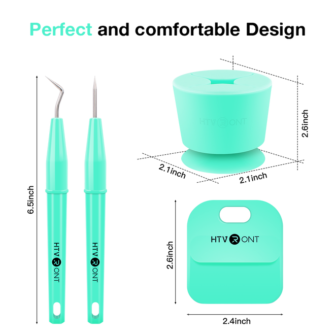 Turquoise tools and accessories with dimensions labeled on a white background