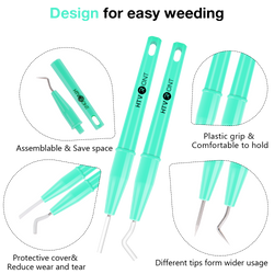 Teal weeding tools with features highlighted on a white background