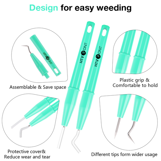 Teal weeding tools with features highlighted on a white background