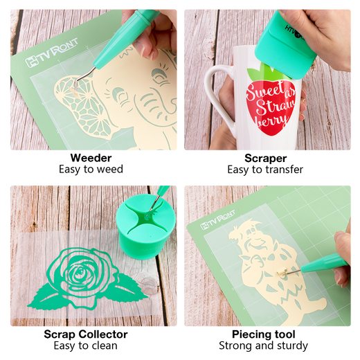 Collage of a weeder, scraper, scrap collector, and piecing tool with text labels on a wooden surface.