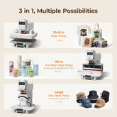A100 3-in-1 auto multi heat press machine for shirts, tumblers, and hats on a beige background