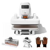Multi Heat press machine with digital display, gloves, and small tools on a white background