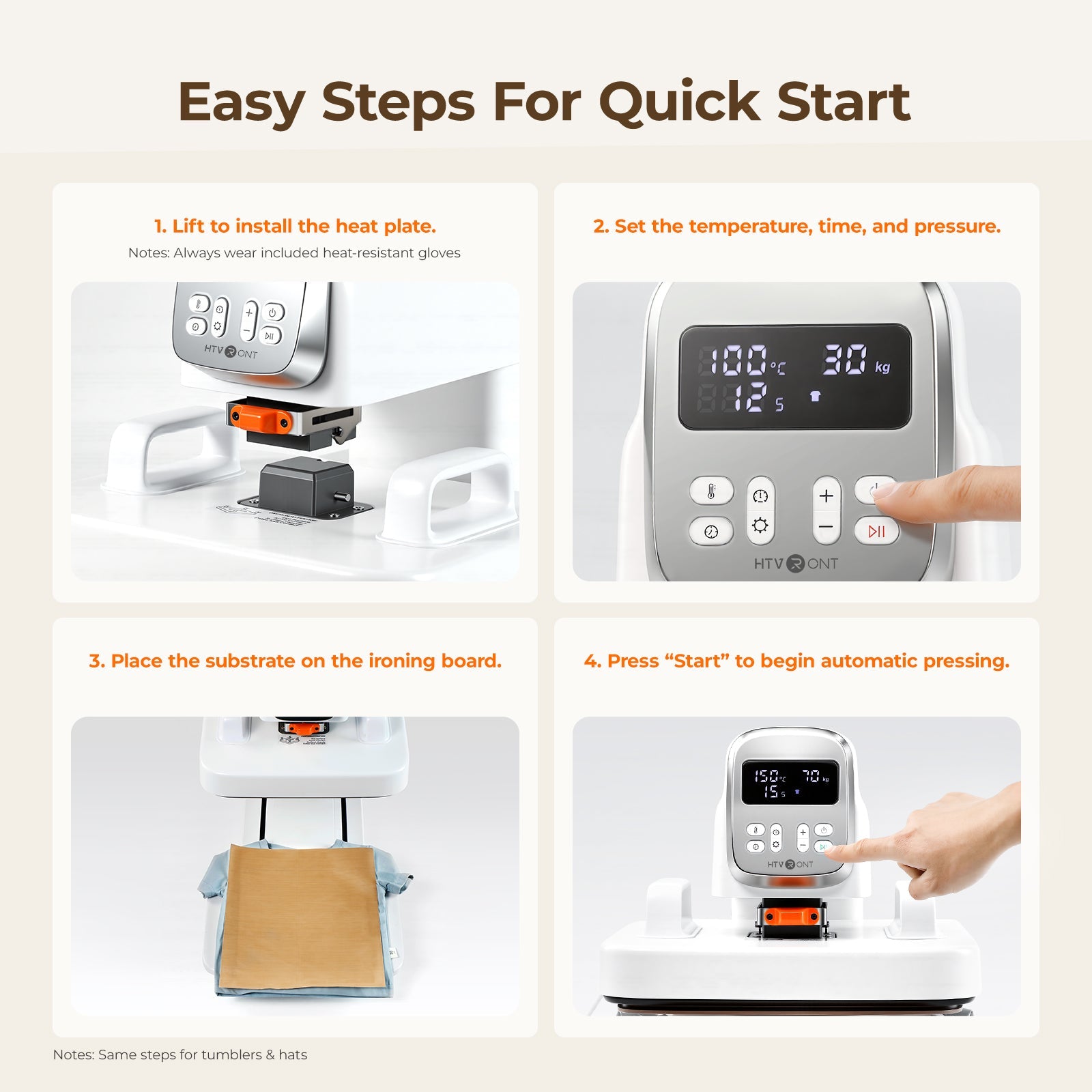 Step-by-step guide for using a multi heat press machine with text instructions.(EU)