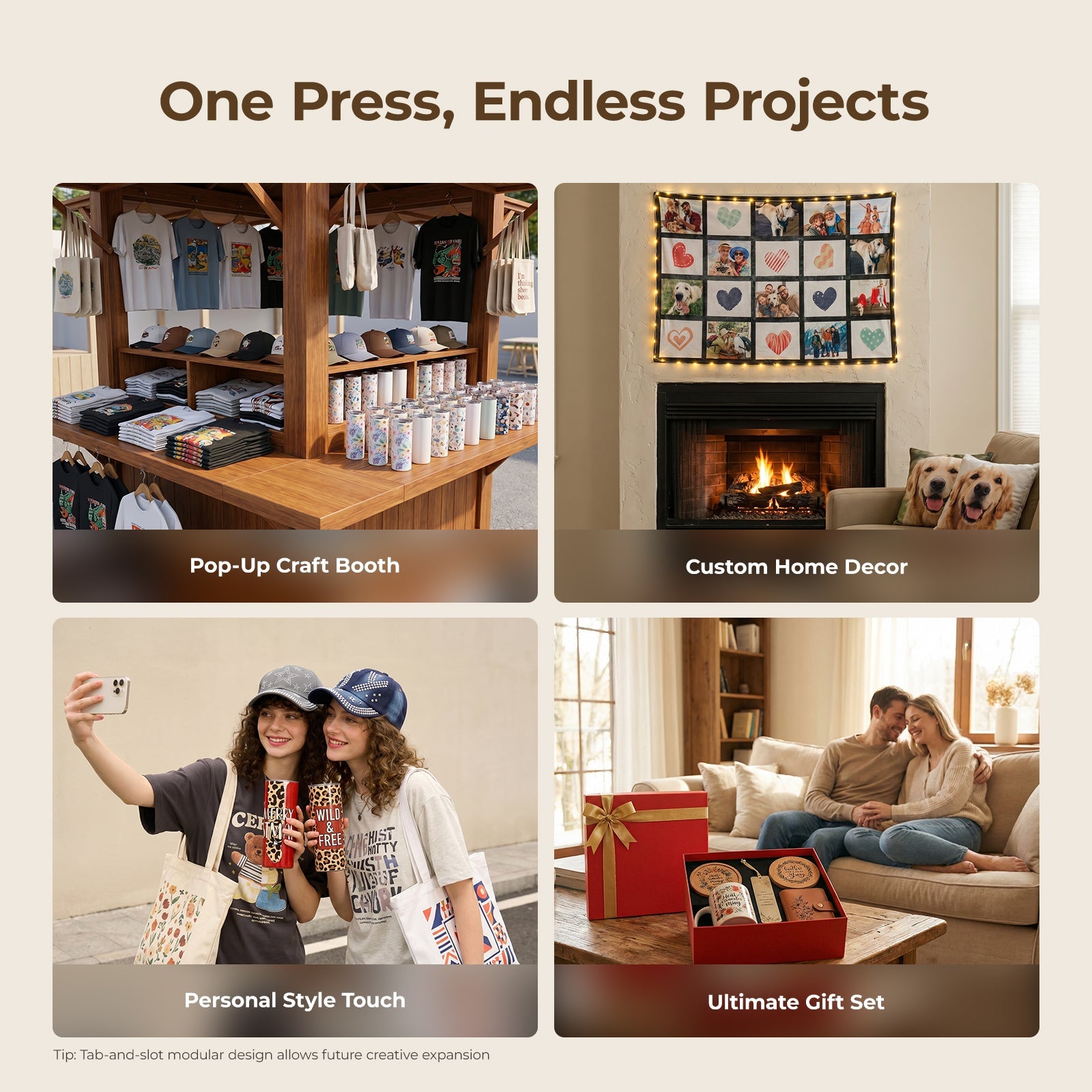 Collage of images showing a pop-up craft booth, custom home decor, personal style touch, and ultimate gift set.(EU)