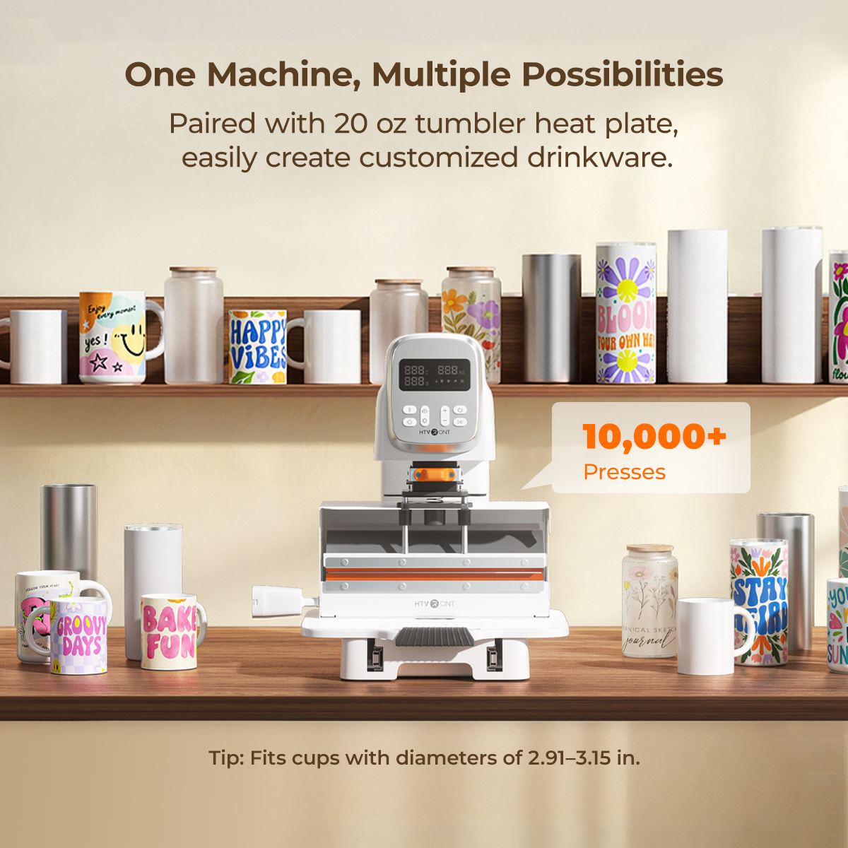 Multi-heat press machine (tumbler module) with colorful mugs and tumblers on a wooden shelf.(EU)
