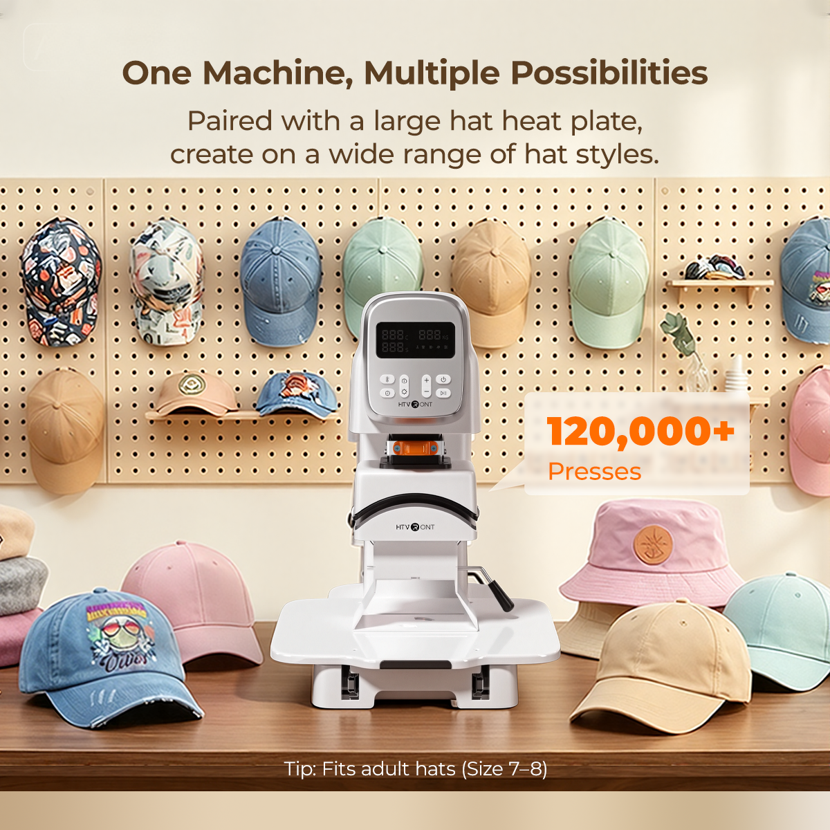 A100 Multi Heat press machine ( Mug module) with various hats on a pegboard background.(EU)