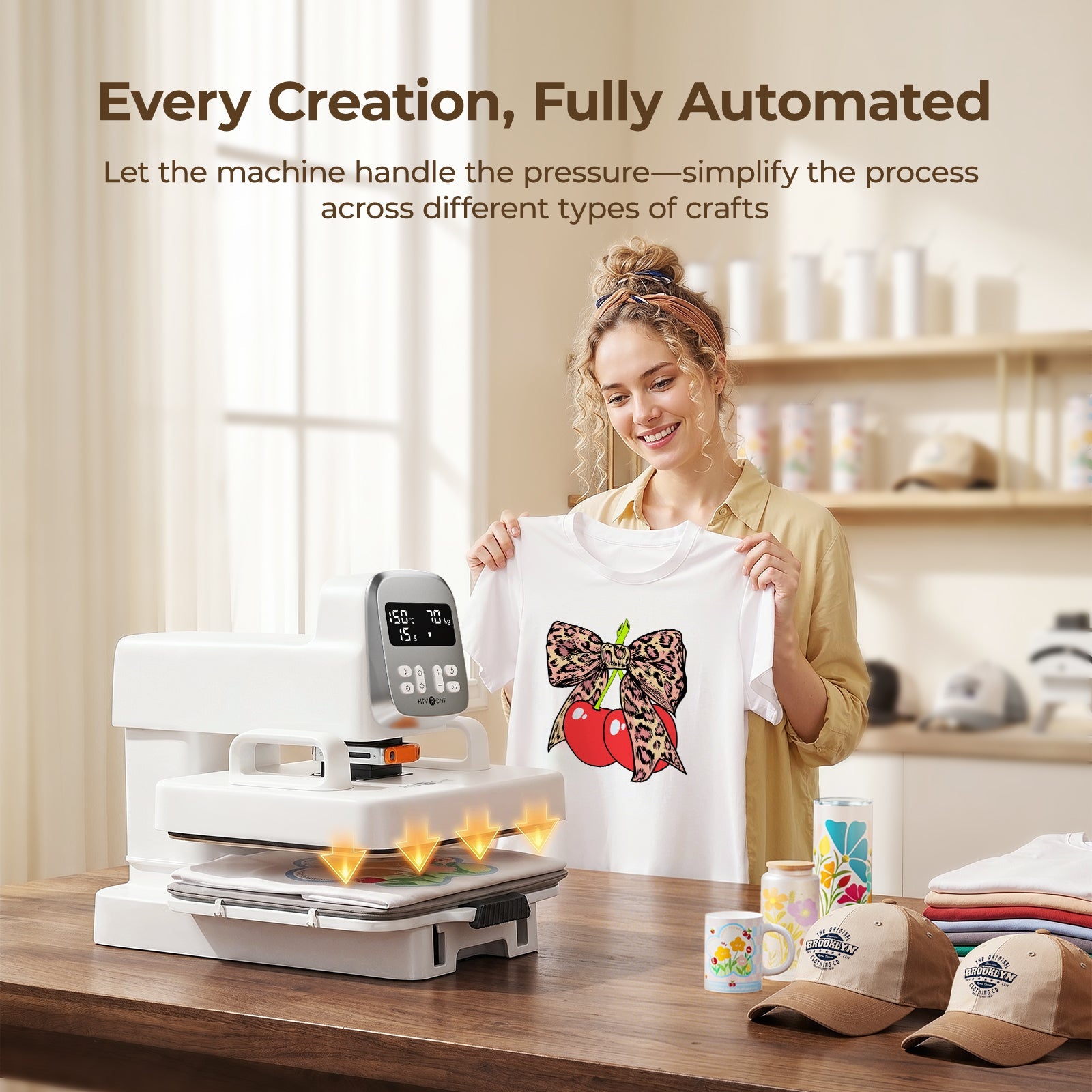 Woman holding a shirt with a design next to an auto multi heat press machine in a kitchen setting(EU)