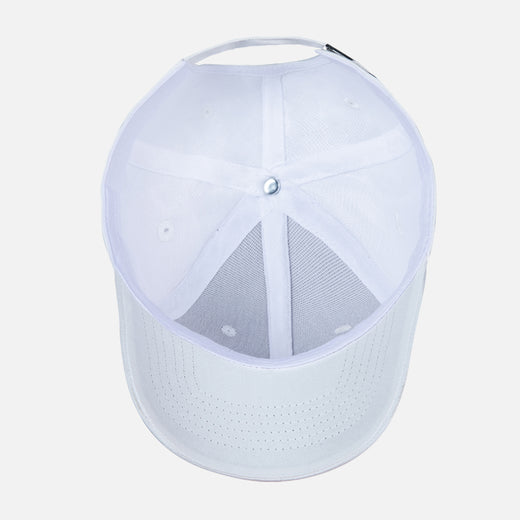 White baseball cap with mesh back on a light gray background