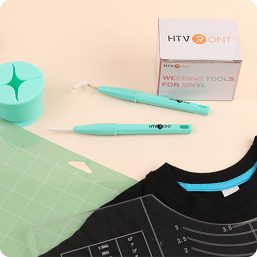 Turquoise weeding tool with HTV RONT branding on a beige surface with a black shirt and green cutting mat.