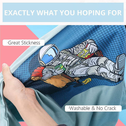 Illustration of an astronaut on a textured surface with text about stickiness and washability.