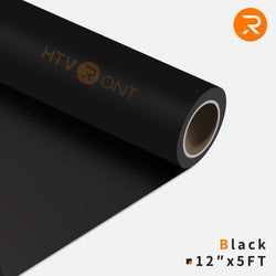 Roll of black HTV (heat transfer vinyl) with a brand logo on a light gray background
